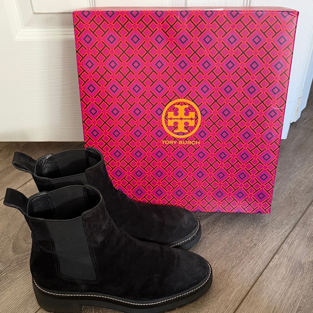 Tory Burch Black Suede Chelsea Boots with Pull Tabs